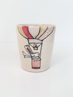 Handmade Pottery Tumbler Hot Air Balloon Bunny Illustrated Cup Artist Signed